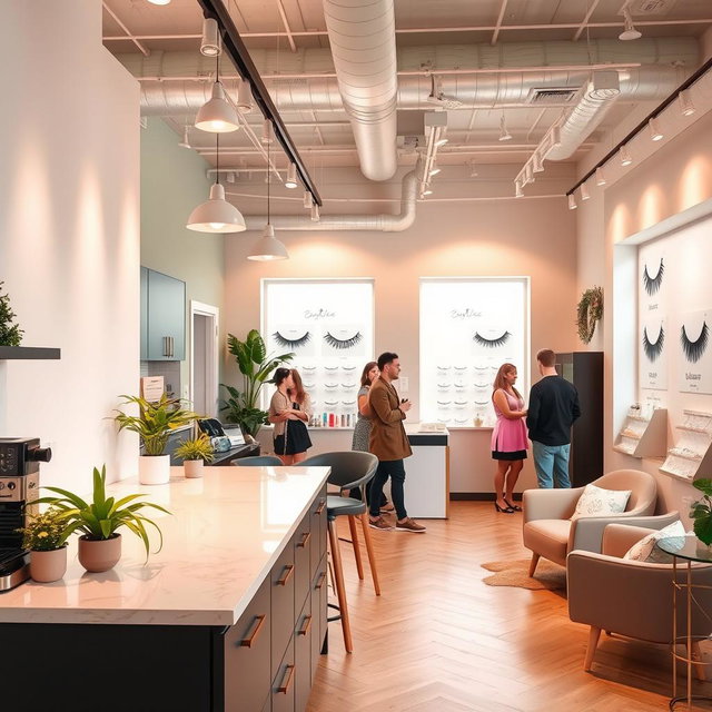 A stylish and modern eyelash extension studio combined with a kitchen and lounge area, featuring elegant design elements