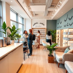 A stylish and modern eyelash extension studio combined with a kitchen and lounge area, featuring elegant design elements