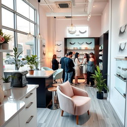 A stylish and modern eyelash extension studio combined with a kitchen and lounge area, featuring elegant design elements