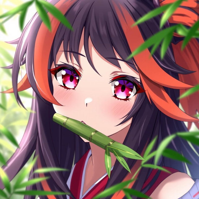A vibrant anime girl with striking pink eyes, showcasing an intriguing expression