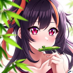 A vibrant anime girl with striking pink eyes, showcasing an intriguing expression