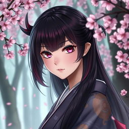 A detailed portrait of a character inspired by Nezuko from 'Demon Slayer', featuring her signature long, black hair with a soft gradient into a deep burgundy
