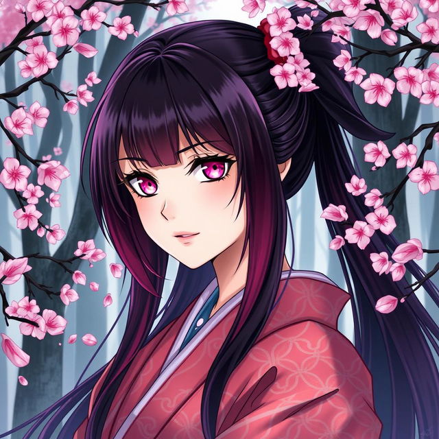 A detailed portrait of a character inspired by Nezuko from 'Demon Slayer', featuring her signature long, black hair with a soft gradient into a deep burgundy