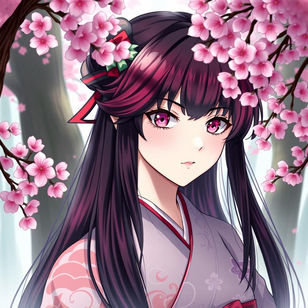 A detailed portrait of a character inspired by Nezuko from 'Demon Slayer', featuring her signature long, black hair with a soft gradient into a deep burgundy