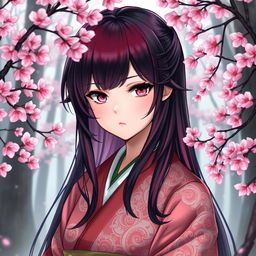 A detailed portrait of a character inspired by Nezuko from 'Demon Slayer', featuring her signature long, black hair with a soft gradient into a deep burgundy