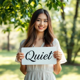 A serene and tranquil scene featuring a young woman holding a quiet sign
