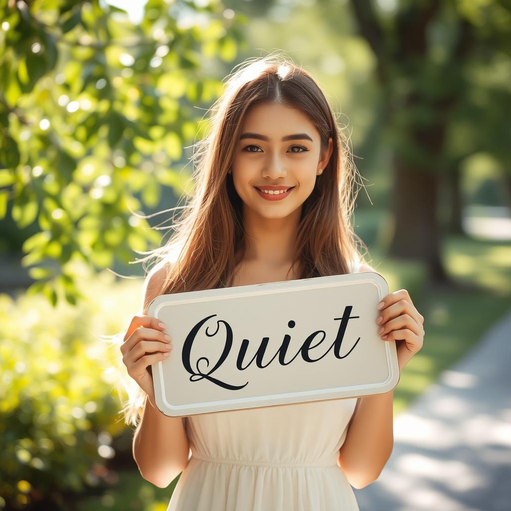 A serene and tranquil scene featuring a young woman holding a quiet sign