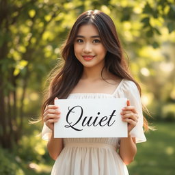 A serene and tranquil scene featuring a young woman holding a quiet sign