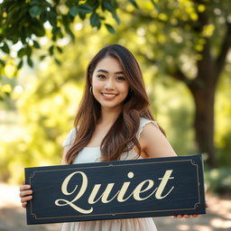 A serene and tranquil scene featuring a young woman holding a quiet sign