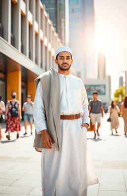 A young Islamic leader of the future, standing confidently in a vibrant urban setting, wearing traditional Islamic attire complemented by modern touches