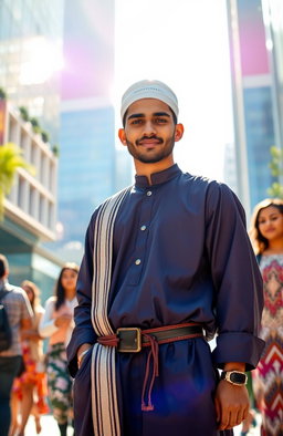 A young Islamic leader of the future, standing confidently in a vibrant urban setting, wearing traditional Islamic attire complemented by modern touches