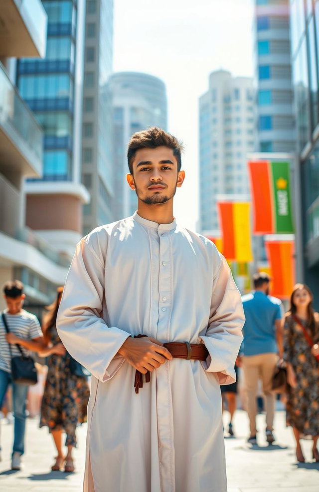 A young Islamic leader of the future, standing confidently in a vibrant urban setting, wearing traditional Islamic attire complemented by modern touches