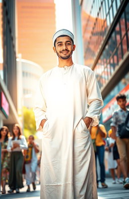 A young Islamic leader of the future, standing confidently in a vibrant urban setting, wearing traditional Islamic attire complemented by modern touches