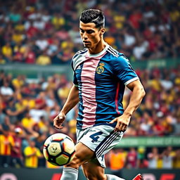 A dynamic and powerful portrait of Cristiano Ronaldo in full football gear, showcasing his intense concentration and athletic prowess