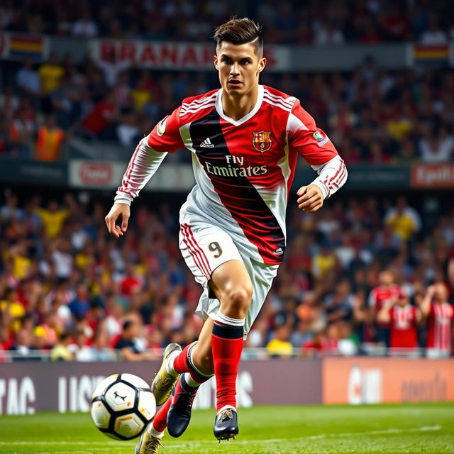 A dynamic and powerful portrait of Cristiano Ronaldo in full football gear, showcasing his intense concentration and athletic prowess