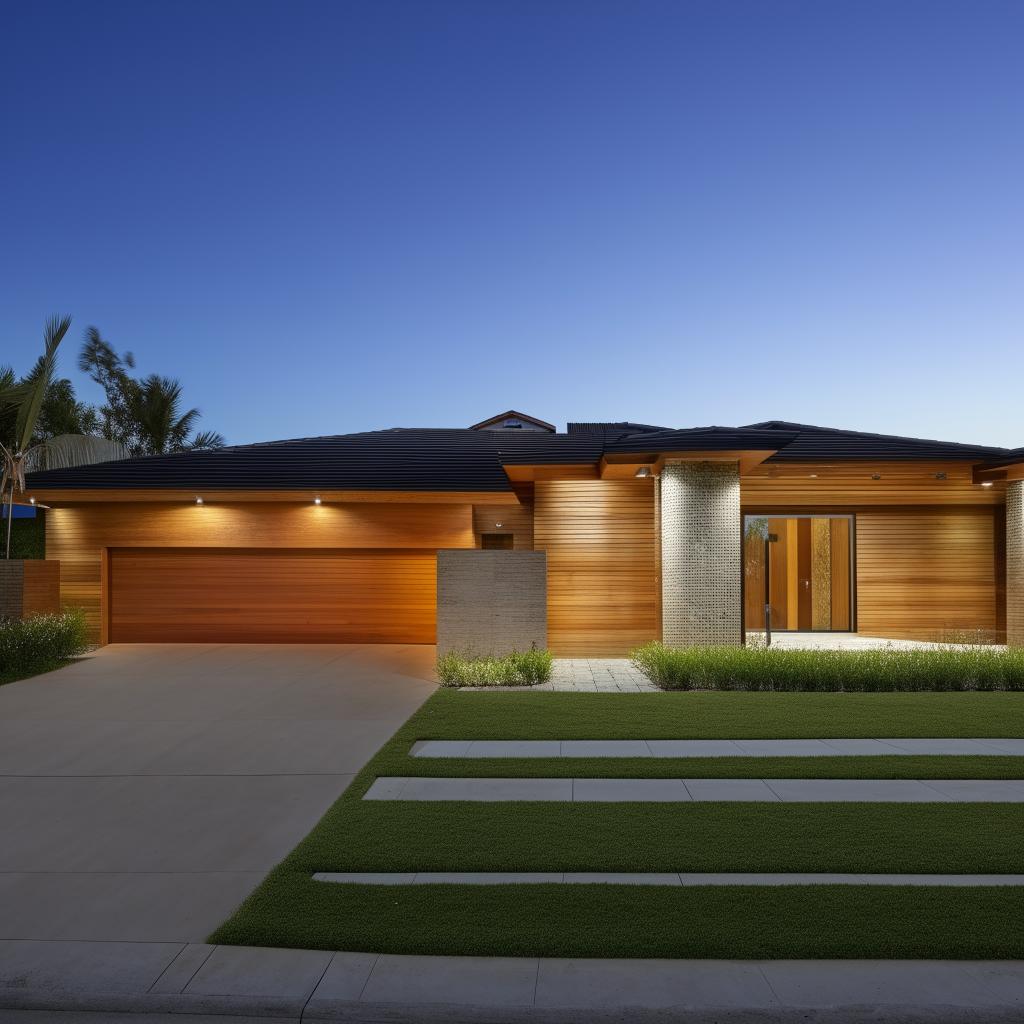 A spacious ground floor house with one master bedroom, two standard rooms, and a guest room. The house includes two bathrooms, an open plan kitchen-living room, a adjoining dining room, two personal offices, a laundry room, and a large two-car garage leading to an expansive fireplace area.