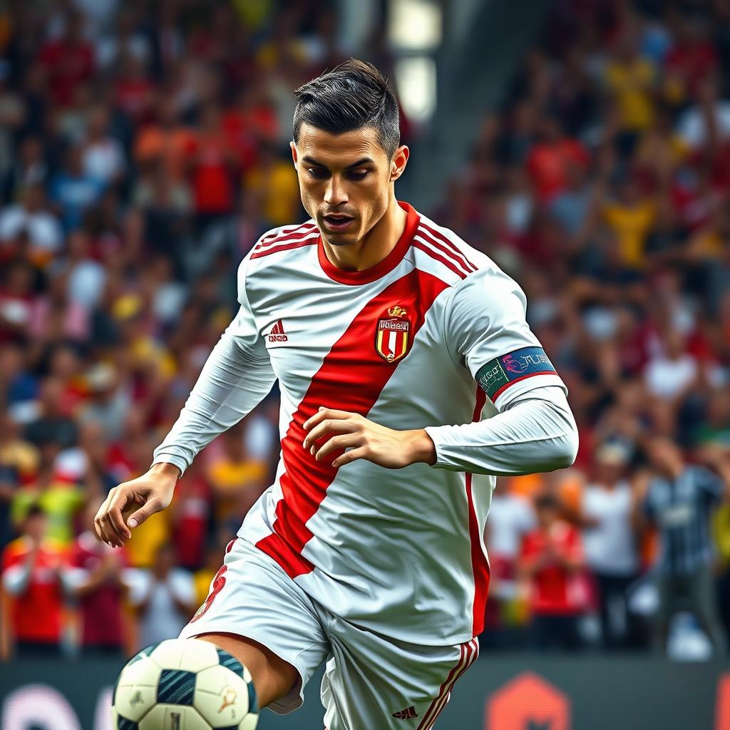A dynamic and powerful portrait of Cristiano Ronaldo in full football gear, showcasing his intense concentration and athletic prowess
