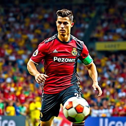 A dynamic and powerful portrait of Cristiano Ronaldo in full football gear, showcasing his intense concentration and athletic prowess