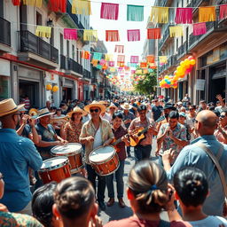 A vibrant Latin street band performing energetically on a lively city street