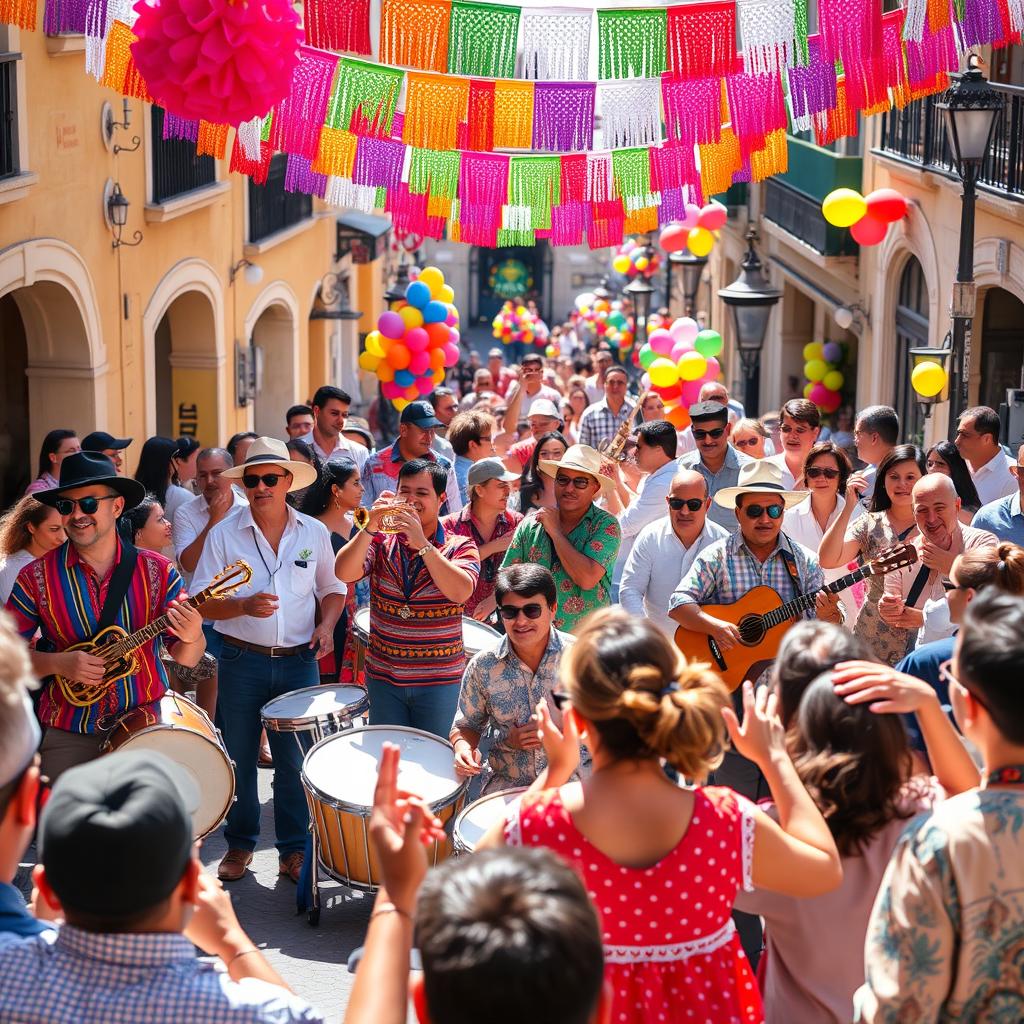 A vibrant Latin street band performing energetically on a lively city street