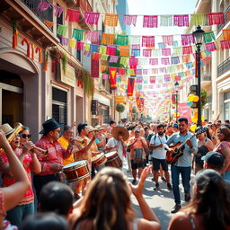 A vibrant Latin street band performing energetically on a lively city street