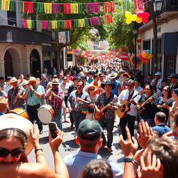 A vibrant Latin street band performing energetically on a lively city street