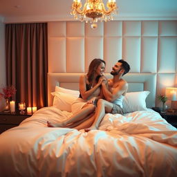 A romantic bedroom scene featuring a sensuous atmosphere, soft lighting, and luxurious bedding