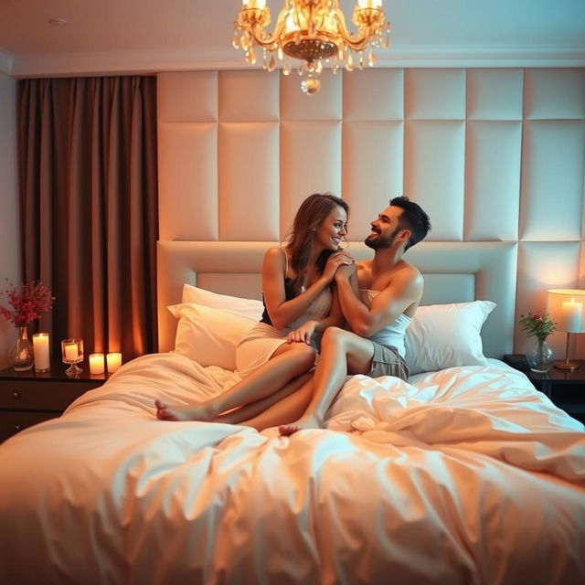 A romantic bedroom scene featuring a sensuous atmosphere, soft lighting, and luxurious bedding