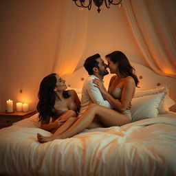 A romantic bedroom scene featuring a sensuous atmosphere, soft lighting, and luxurious bedding
