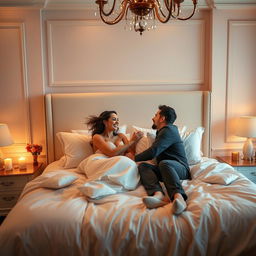 A romantic bedroom scene featuring a sensuous atmosphere, soft lighting, and luxurious bedding