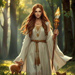 A kind and compassionate human cleric character from a Dungeons & Dragons setting
