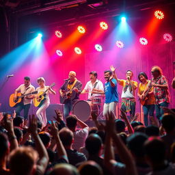 A vibrant Latin band performing live on stage, energetic atmosphere, colorful lights illuminating the scene, a diverse group of musicians with various instruments including guitars, drums, and brass, passionately engaging with each other and the audience