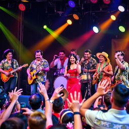 A vibrant Latin band performing live on stage, energetic atmosphere, colorful lights illuminating the scene, a diverse group of musicians with various instruments including guitars, drums, and brass, passionately engaging with each other and the audience
