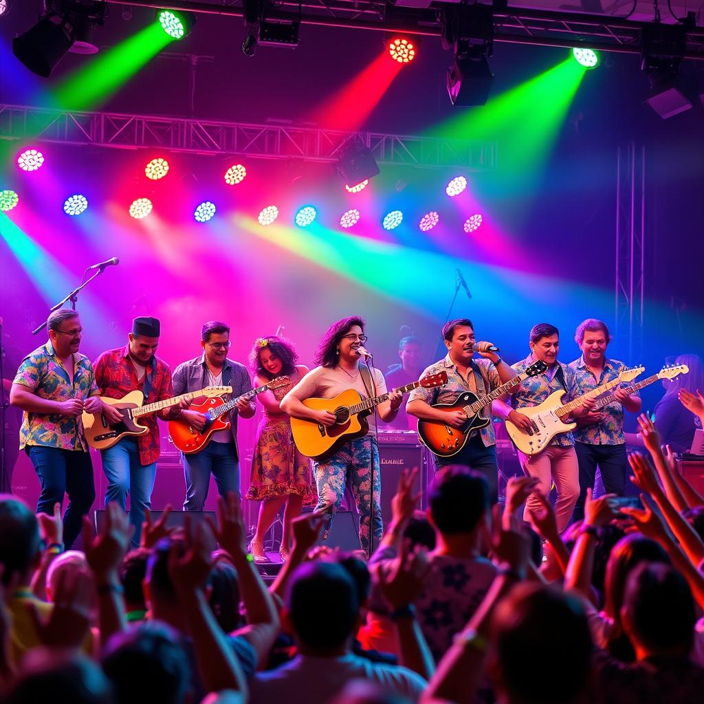 A vibrant Latin band performing live on stage, energetic atmosphere, colorful lights illuminating the scene, a diverse group of musicians with various instruments including guitars, drums, and brass, passionately engaging with each other and the audience