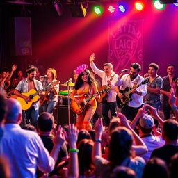 A vibrant Latin band performing live on stage, energetic atmosphere, colorful lights illuminating the scene, a diverse group of musicians with various instruments including guitars, drums, and brass, passionately engaging with each other and the audience
