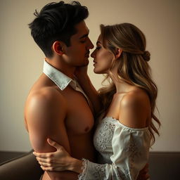 A suggestive, intimate moment between two consenting adults in an artistic, tasteful representation of affection and connection