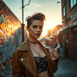 A fashionable young woman in a trendy outfit, standing confidently in an urban setting