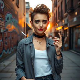 A fashionable young woman in a trendy outfit, standing confidently in an urban setting