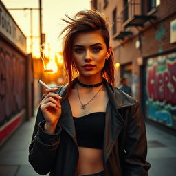 A fashionable young woman in a trendy outfit, standing confidently in an urban setting