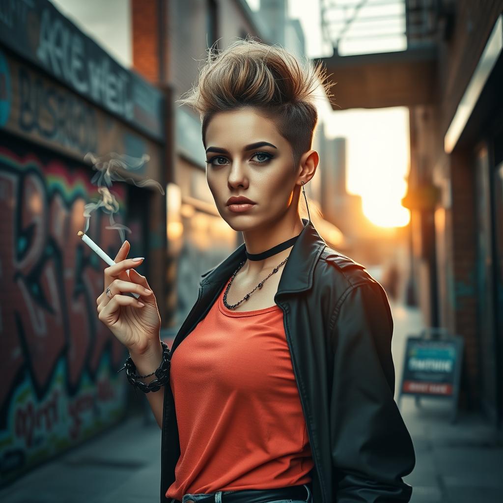 A fashionable young woman in a trendy outfit, standing confidently in an urban setting
