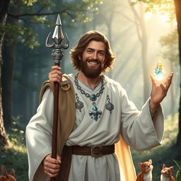 A kind and compassionate male human cleric character from a Dungeons & Dragons setting