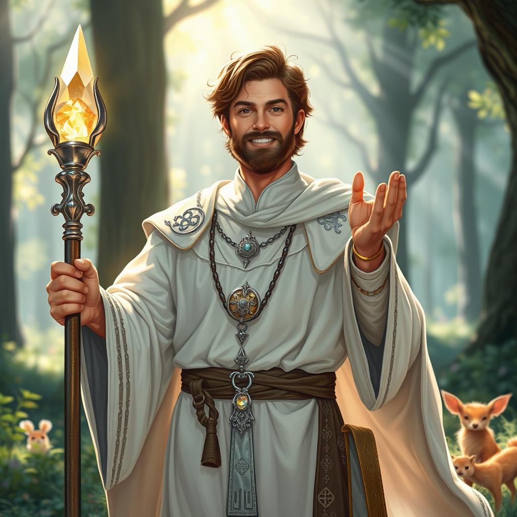 A kind and compassionate male human cleric character from a Dungeons & Dragons setting