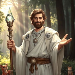 A kind and compassionate male human cleric character from a Dungeons & Dragons setting