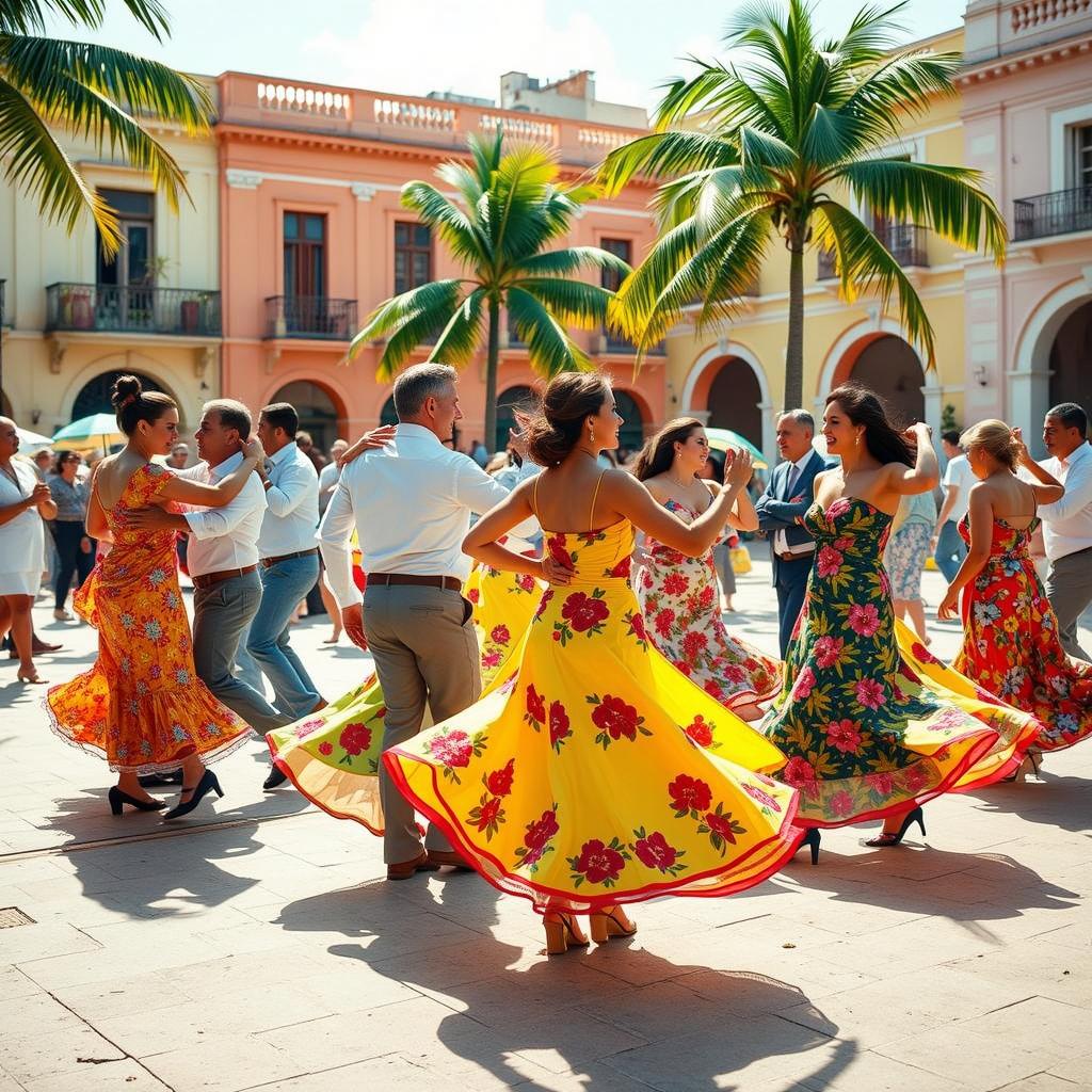 A vibrant street scene in a picturesque town square filled with people enjoying a festive dance