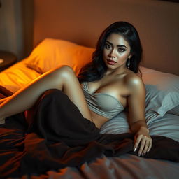 A beautiful Latina woman lounging elegantly on a soft, plush bed, showcasing natural beauty and confidence