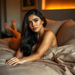 A beautiful Latina woman lounging elegantly on a soft, plush bed, showcasing natural beauty and confidence