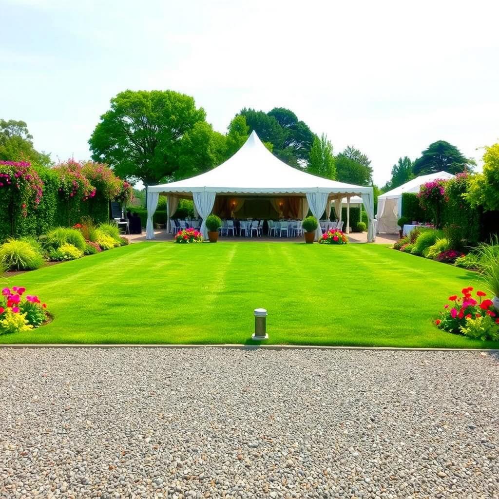 A square area filled with gravel, featuring a large event tent in the center