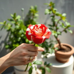 A close-up of a hand holding a vibrant red and white striped rose in sharp focus, showcasing the striking pattern of the petals with alternating colors