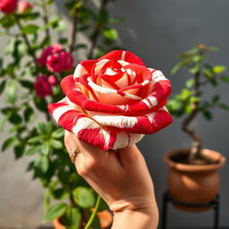 A close-up of a hand holding a vibrant red and white striped rose in sharp focus, showcasing the striking pattern of the petals with alternating colors