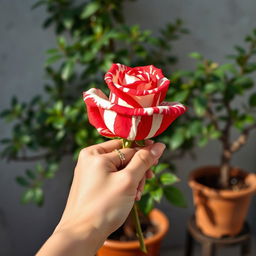 A close-up of a hand holding a vibrant red and white striped rose in sharp focus, showcasing the striking pattern of the petals with alternating colors